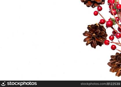 Composition of red New Year berries and cones on a white background. Place for your text.
