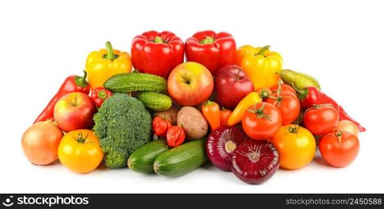 Composition of ripe and fresh vegetables and fruits isolated on white background.