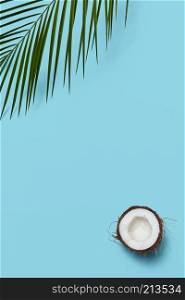 Composition of ripe halves organic coconut and green palm leaf on a blue background with space for text. Creative layout. Flat lay. Creative frame made of palm leaf and coconut halves on a blue background with copy space. Flat lay