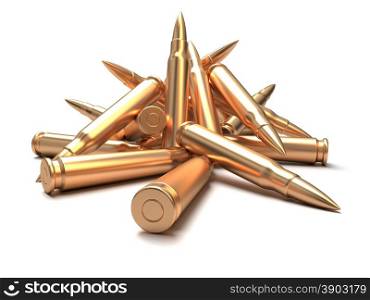 Composition of several shiny brass rifle bullets over white background. Rifle bullets over white background