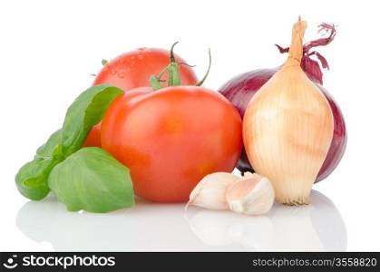 Composition of: tomato, tagliatelli, garlic and basil Isolated on white background.