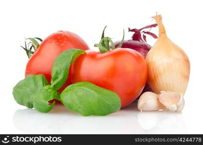 Composition of: tomato, tagliatelli, garlic and basil Isolated on white background.