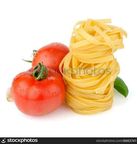 Composition of  tomato, tagliatelli, garlic and  basil Isolated on white background.