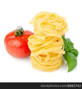 Composition of: tomato, tagliatelli, garlic and  basil Isolated on white background.