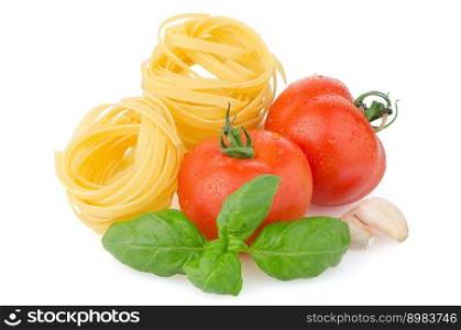 Composition of: tomato, tagliatelli, garlic and  basil Isolated on white background.
