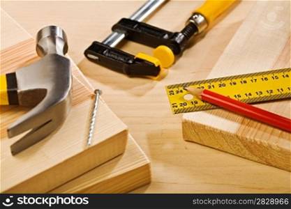 composition of tools on wooden table