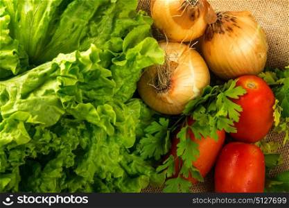 composition of vegetables, tomato, onions, lettuce and basil