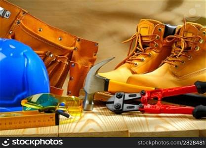 composition of working tools on wooden boards