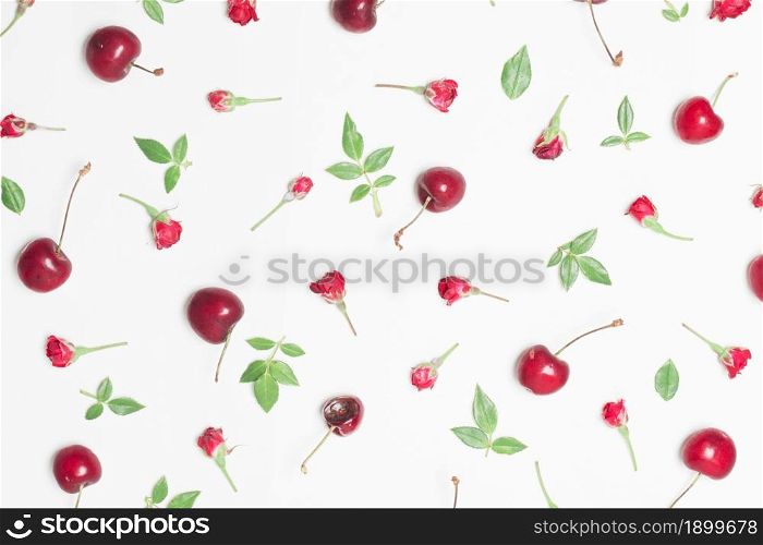 composition red flowers cherries green leaves. Resolution and high quality beautiful photo. composition red flowers cherries green leaves. High quality beautiful photo concept