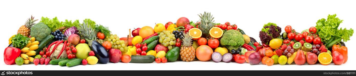 Composition variety fresh fruits and vegetables isolated on white background. Glass skinali.