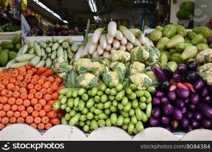 Composition with assorted fresh raw organic vegetables in Little India market, Singapore