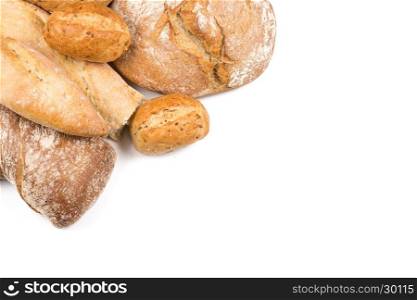 Composition with bread, buns and rolls isolated on white background