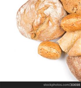 Composition with bread, buns and rolls isolated on white background