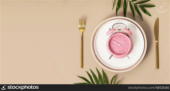 Composition with cutlery, plate, measuring tape and alarm clock on white background, flat lay, top view, copy space