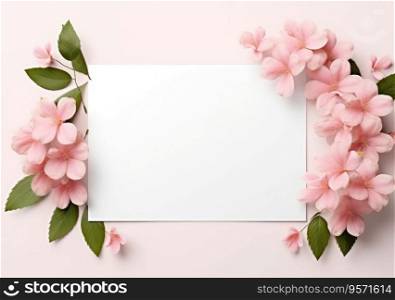 Composition with flowers and blank paper on a beige background. Greetind card mockup.