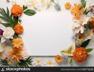 Composition with flowers and blank paper on a beige background. Greetind card mockup.