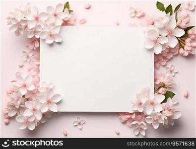 Composition with flowers and blank paper on a beige background. Greetind card mockup.