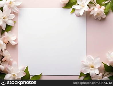 Composition with flowers and blank paper on a beige background. Greetind card mockup.