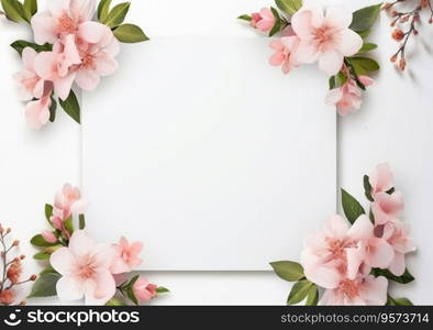 Composition with flowers and blank paper on a beige background. Greetind card mockup.