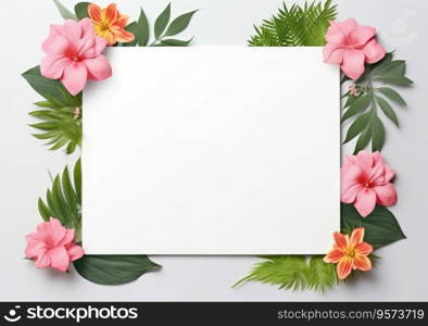 Composition with flowers and blank paper on a beige background. Greetind card mockup.