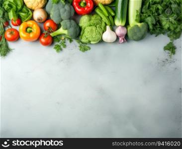 Composition with fresh organic vegetables on grey background, space for text