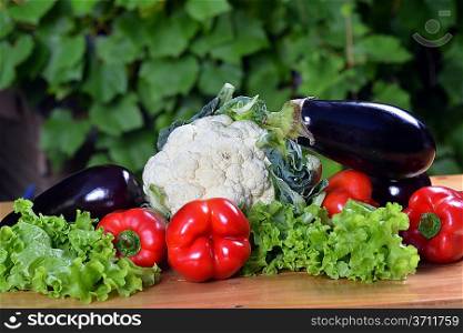 Composition with fresh vegetables on wooden board