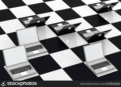 Composition with laptop on glossy chessboard