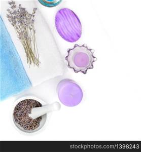 Composition with lavender flowers and natural cosmetic isolated on white background. Flat lay,top view. Free space for text.