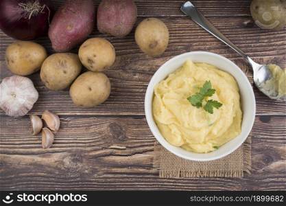 composition with mashed potatoes wooden table. Resolution and high quality beautiful photo. composition with mashed potatoes wooden table. High quality beautiful photo concept