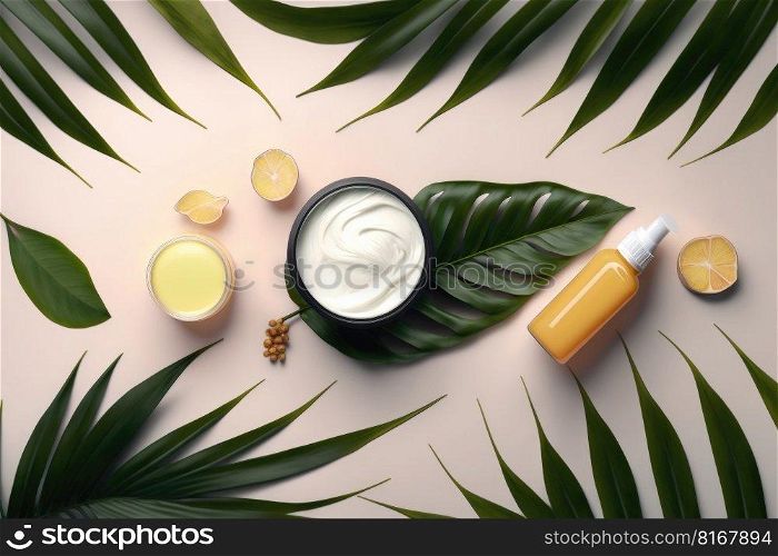 Composition with natural organic cosmetic product. Illustration Generative AI 