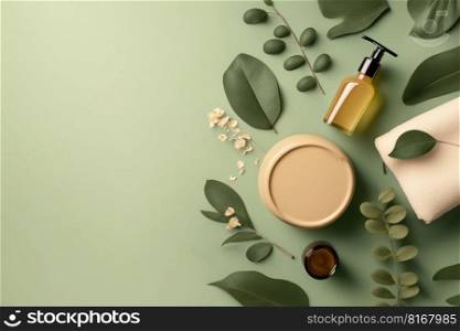 Composition with natural organic cosmetic product. Illustration Generative AI 