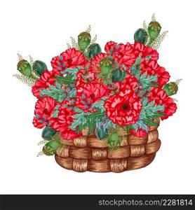 Composition with Poppy flowers and green leaves in a basket watercolor. Colorful summer illustration. Bouquet from red poppies.