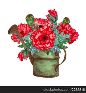 Composition with Poppy flowers and green leaves in a watering can watercolor composition. Colorful summer illustration. Bouquet from red poppies.