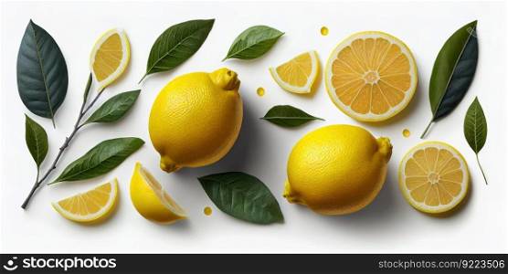 Composition With Ripe Lemons On white background illustration. AI generative.