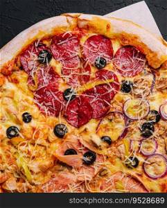 composition with slices of different delicious pizzas