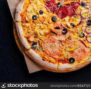 composition with slices of different delicious pizzas