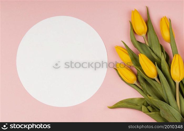 composition yellow tulips with empty card