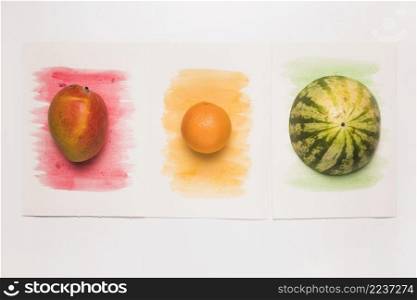 composition yummy whole mixed fruits multicolored watercolor surface