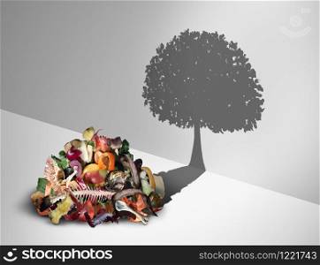 Compost recycling and and composted soil cycle as a composting pile of rotting kitchen scraps with fruits and vegetable garbage waste turning into a growing tree in a 3D illlustration style.
