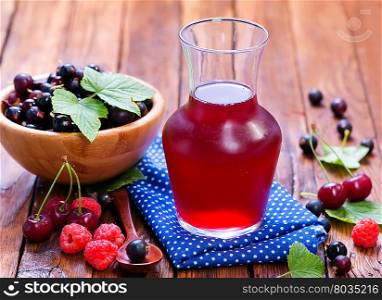 compot from berries in jug and on a table