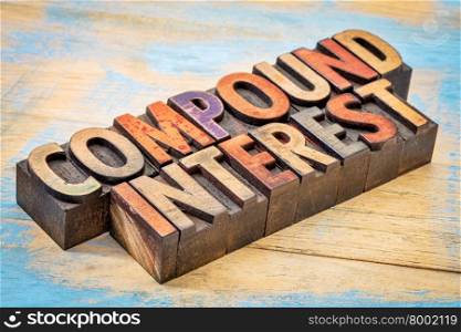 compound interest banner - text in vintage letterpress wood type against grunge wood