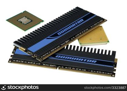 Computer accessories, central processors and memory, isolated, hyper DoF.