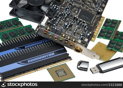 Computer accessories in assortment, isolated, hyper DoF.