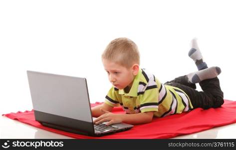 Computer addiction child boy with laptop notebook isolated on white background
