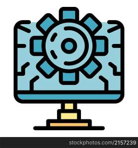 Computer and gear icon. Outline computer and gear vector icon color flat isolated. Computer and gear icon color outline vector