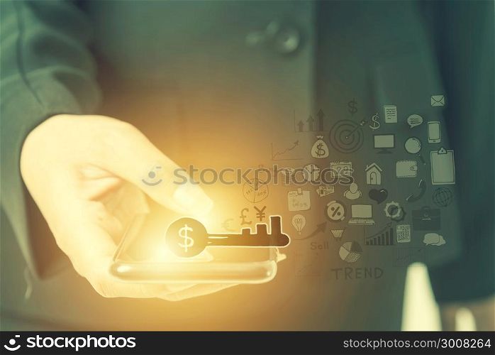 Computer applications icons against close up view of businesswoman using her smart phone. Business technology and E-commerce concept.