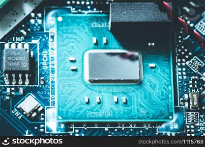 Computer chip on a circuit board, close up; Computer technology.