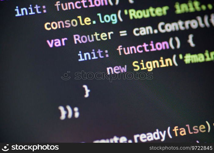 Computer code on the screen. Javascript code lines