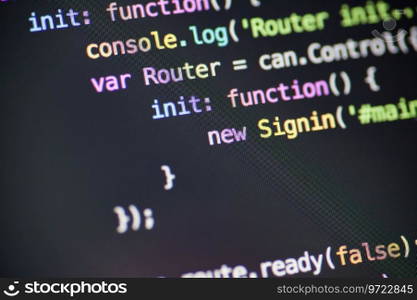 Computer code on the screen. Javascript code lines