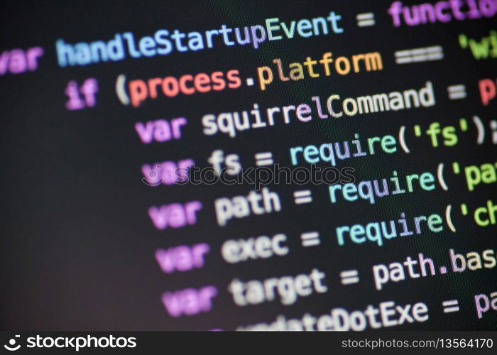 Computer code on the screen. Javascript Node JS code